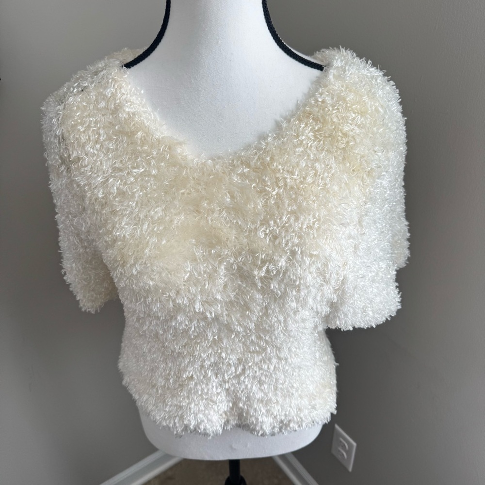 Mixed Blues Vintage Fuzzy Knit Sweater Short Sleeve Cream Textured Top‎ L